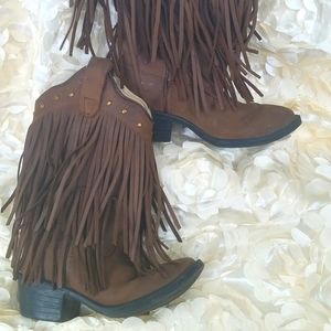 Girls fringe cowboy cowgirl brown leather boots